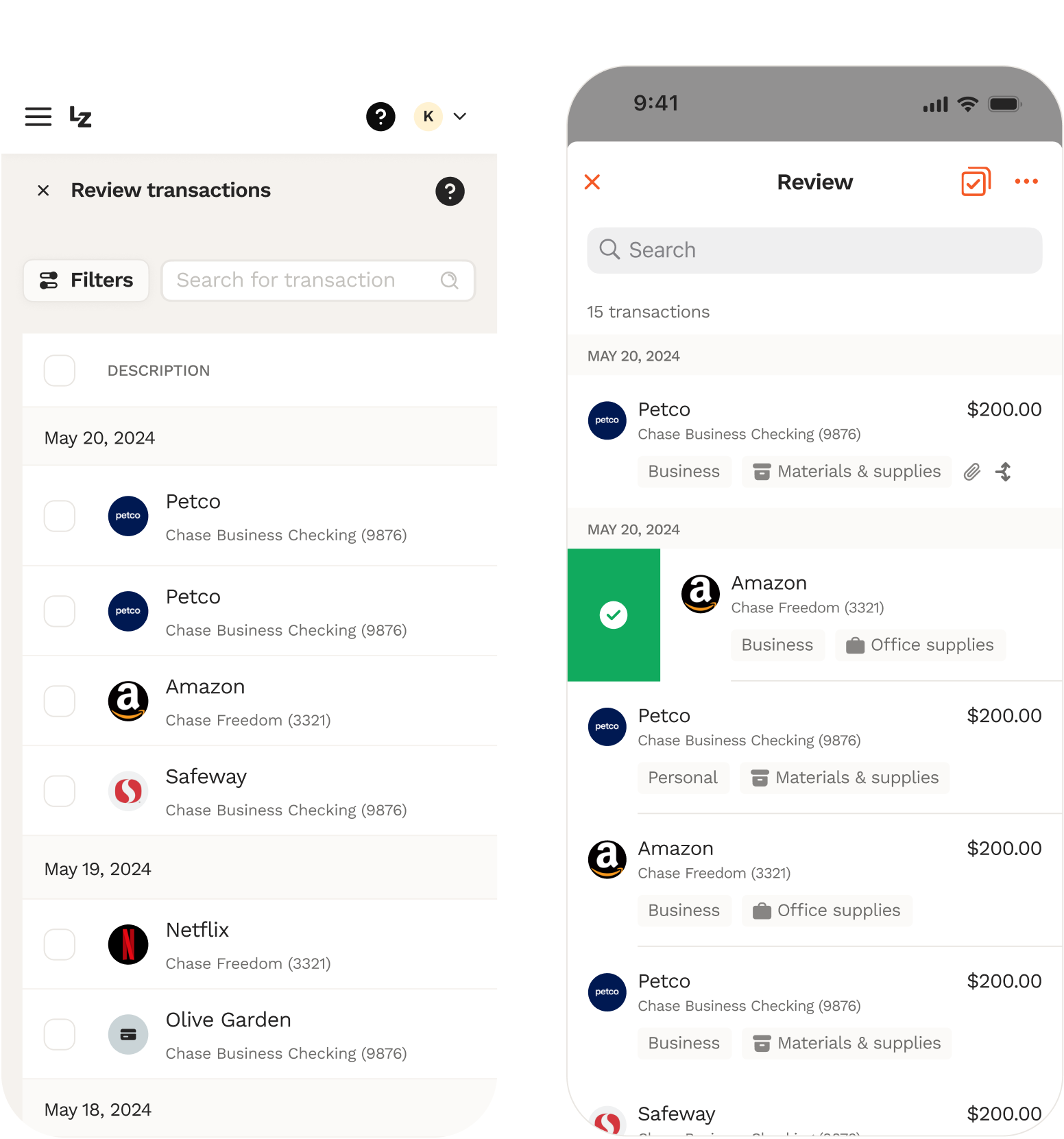 Review transactions — mobile web vs native